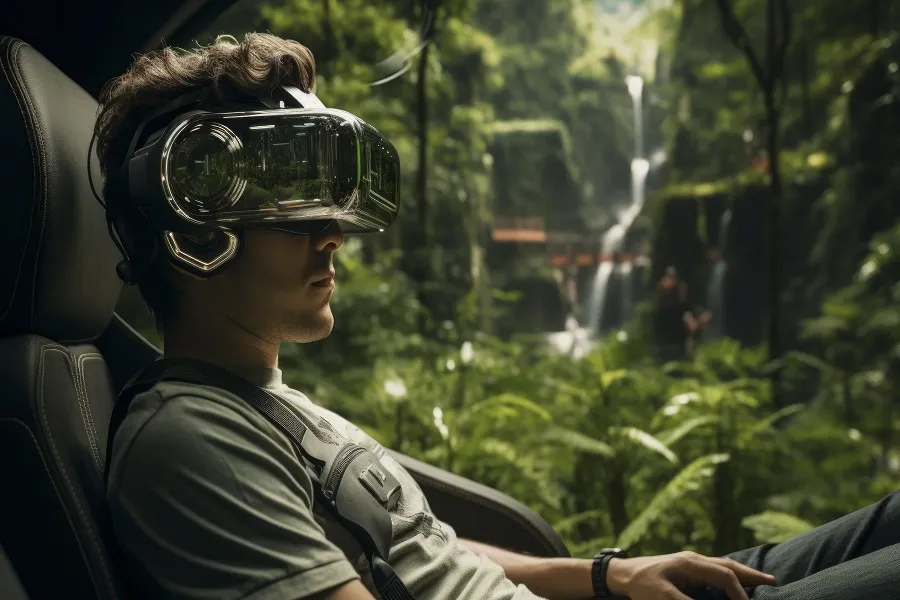 A boy sitting on his couch with a VR headset on trying the best gorilla tag horror games