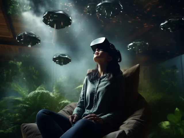 A lady wearing VR headset and enjoying Oculus Rift games