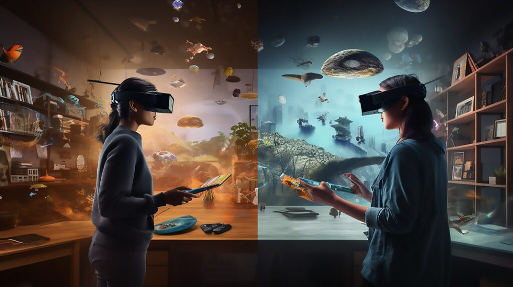 Two people wearing VR headsets and holding controllers are facing each other