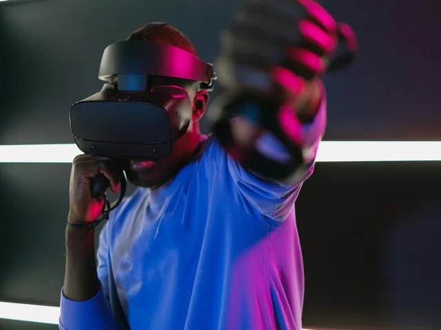 A person wearing a VR headset, focused and ready to engage in killing VR games