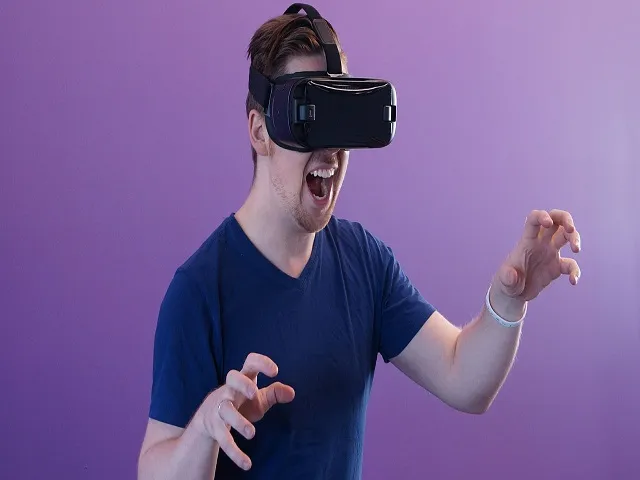 A person wearing a virtual reality headset and playing backrooms VR games