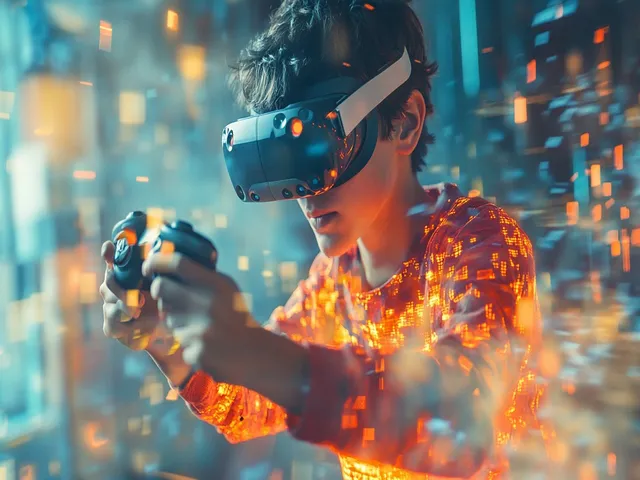 A boy wearing a virtual reality headset holds gaming controllers to play VR games for Android