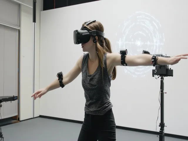 A girl wearing VR headsets in a room with her hands stretched to play VR rhythm games