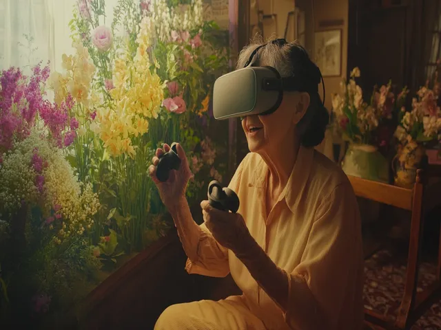 An old lady wearing VR headsets and holding controllers to play VR games for adults