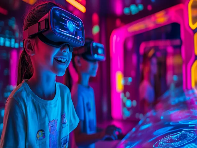 Children wearing virtual reality headsets in a vibrant, futuristic environment to play cooking vr games