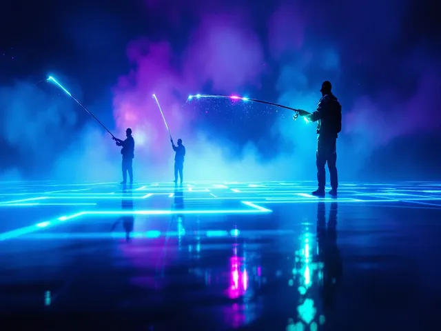 Three silhouette figures fishing with glowing rods against a vibrant, misty background depicting fishing VR games